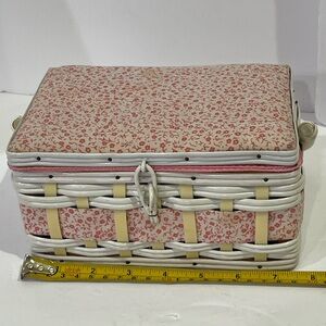 Vintage Floral Woven Sewing Basket with Pincushion and Supplies